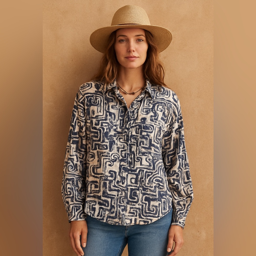 Anthropologie Blue and Cream Patterned Top
